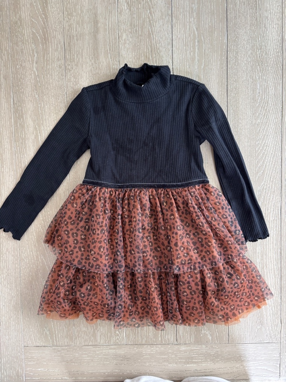 Janie and Jack Black Ribbed Top with Leopard-Print Brown Tulle Skirt